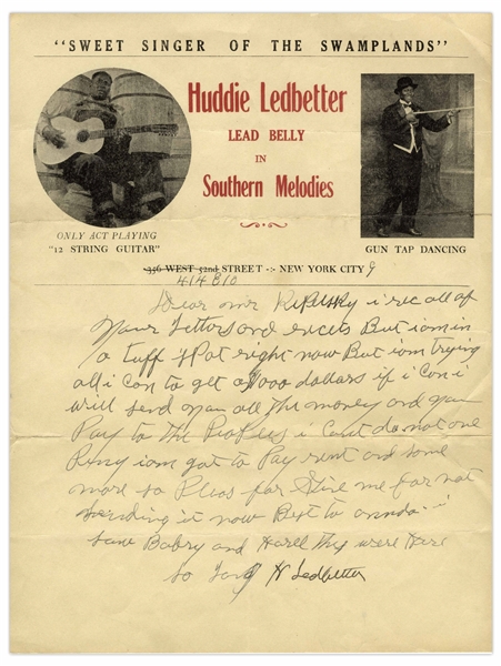 Scarce Huddie ''Lead Belly'' Ledbetter Autograph Letter Signed, Circa Early 1940s -- ''...am in a tuff spot right now but I'm trying all I can to get a $1000 dollars...''